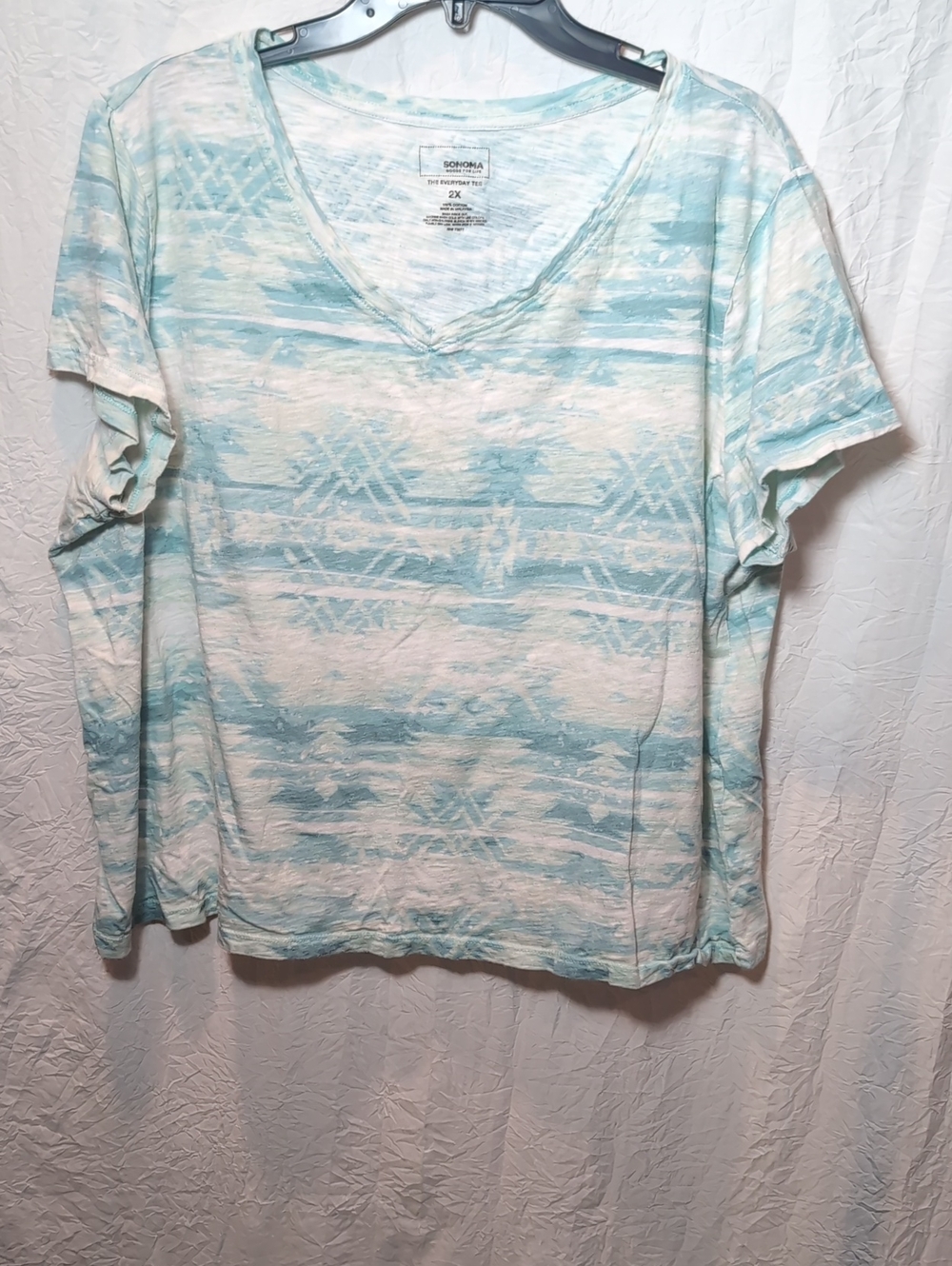 Sonoma Light Aqua and White V-Neck Short Sleeve Tee